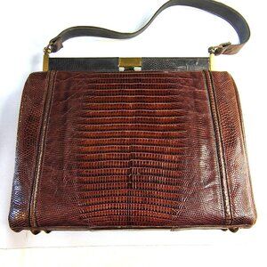 Vintage Designer Leather Clamshell Purse Madwed Unknown Skin Brown Brass Accent
